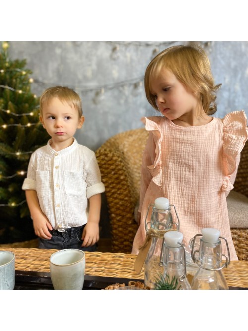 Trapezowa sukienka z falbankami BRZOSKWINIOWA