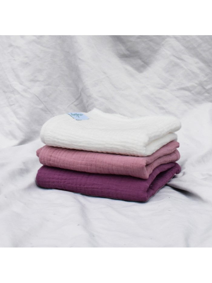 ŚMIETANKA + BRUDNY RÓŻ + FIOLET Zestaw pieluszek muślinowych 