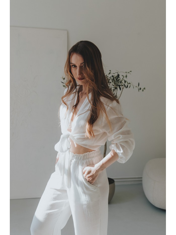 Muslinowa bluzka wiązana ŚMIETANKA