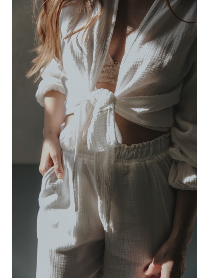 Muslinowa bluzka wiązana ŚMIETANKA