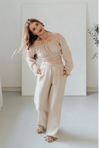 Szerokie muślinowe spodnie damskie ŚMIETANKA