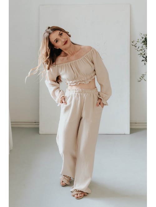 Szerokie muślinowe spodnie damskie