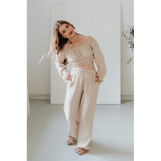 Szerokie muślinowe spodnie damskie ŚMIETANKA