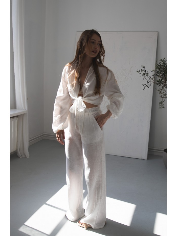 Szerokie muślinowe spodnie damskie ŚMIETANKA