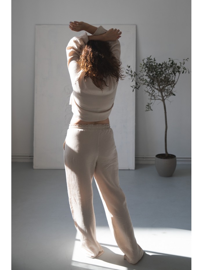 Szerokie muślinowe spodnie damskie ŚMIETANKA