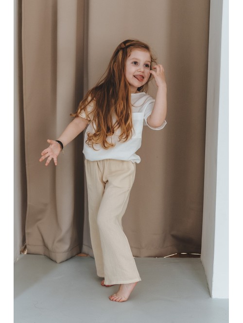 Dziewczęce szerokie muślinowe spodnie 