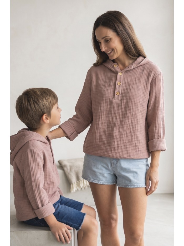 Muślinowa damska bluza z kapturem JASNY BRUDNY RÓŻ